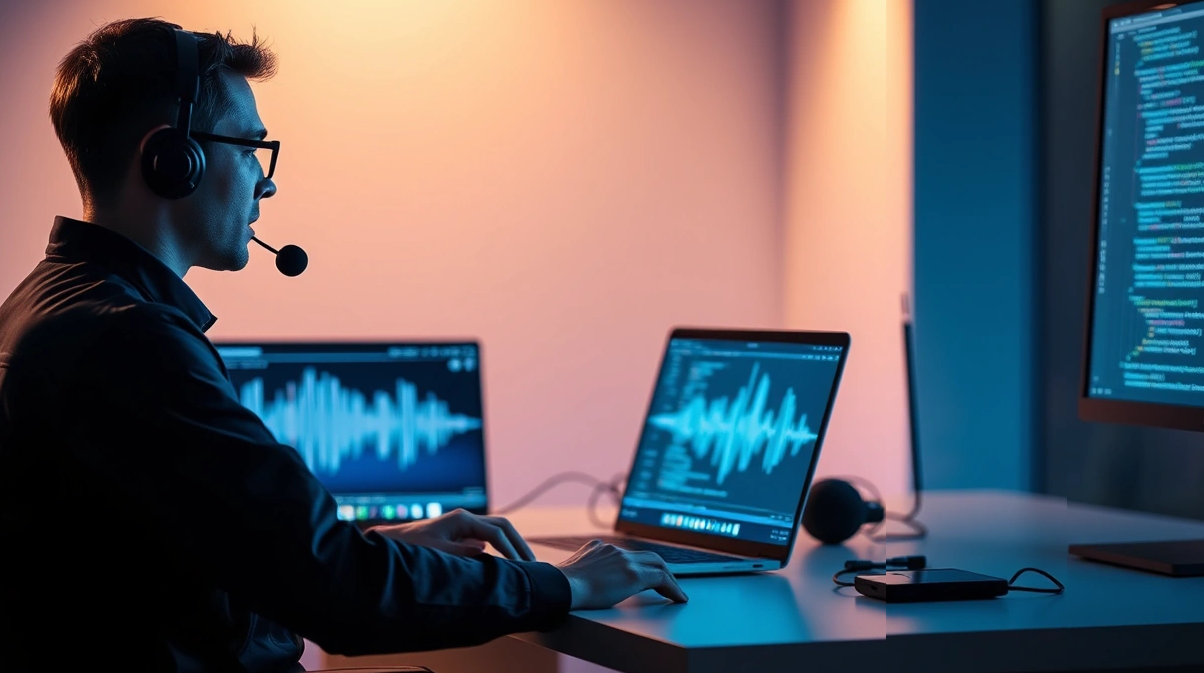 Audio professional reviewing speech waveforms at a workstation